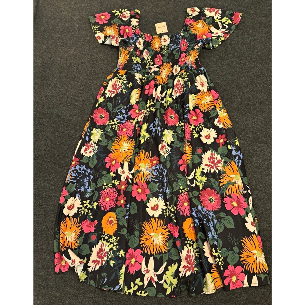 BLOOMCHIC Floral Midi Dress Multicolor Square Neck Short Puff Sleeve Smocked 12